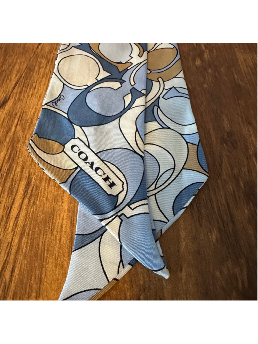 Coach Signature Logo Silk Scarf Blue Beige Twilly Neckerchief Bag Handle Wrap - Picture 5 of 6